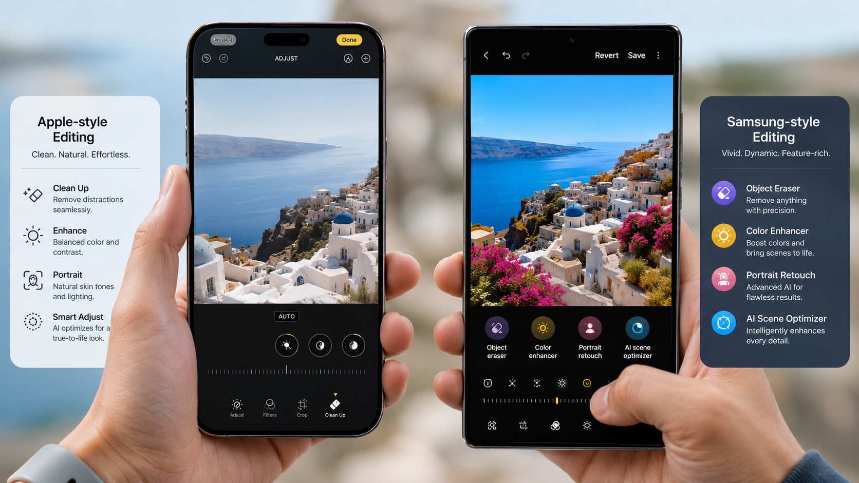 Comparação entre edição de foto estilo Apple e edição de foto estilo Samsung em smartphones