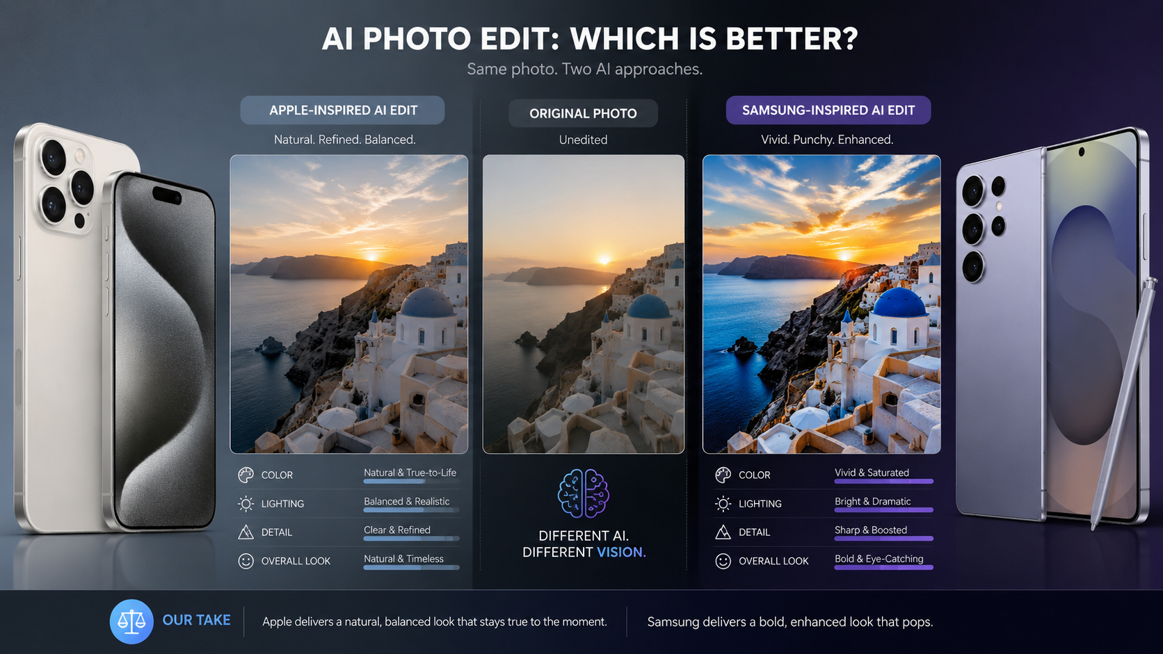 Resultado de edição de fotos com inteligência artificial comparando aparência natural e aparência vibrante