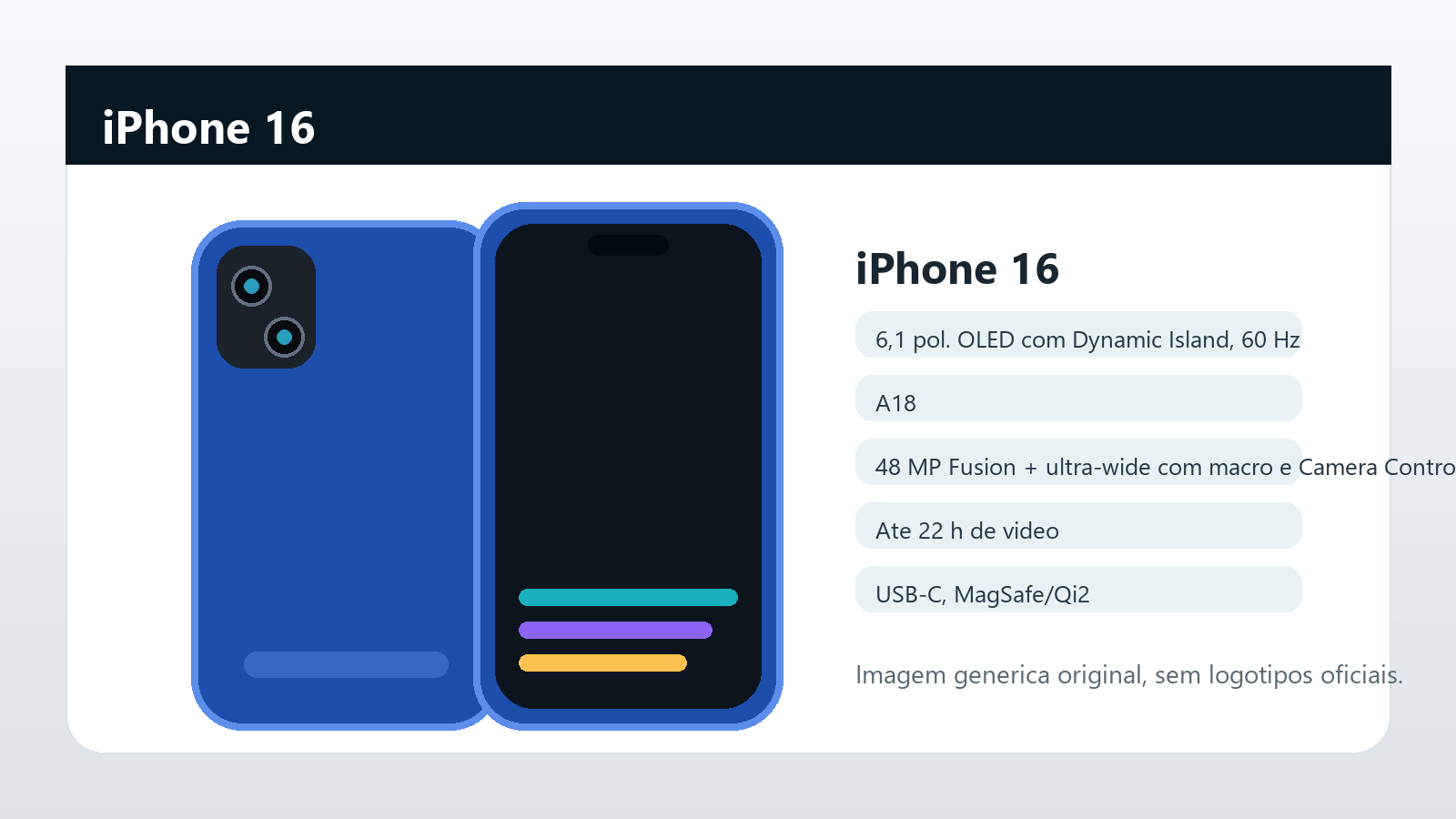 iPhone 16 em imagem generica Imagem generica do iPhone 16 para comparativo de iPhone