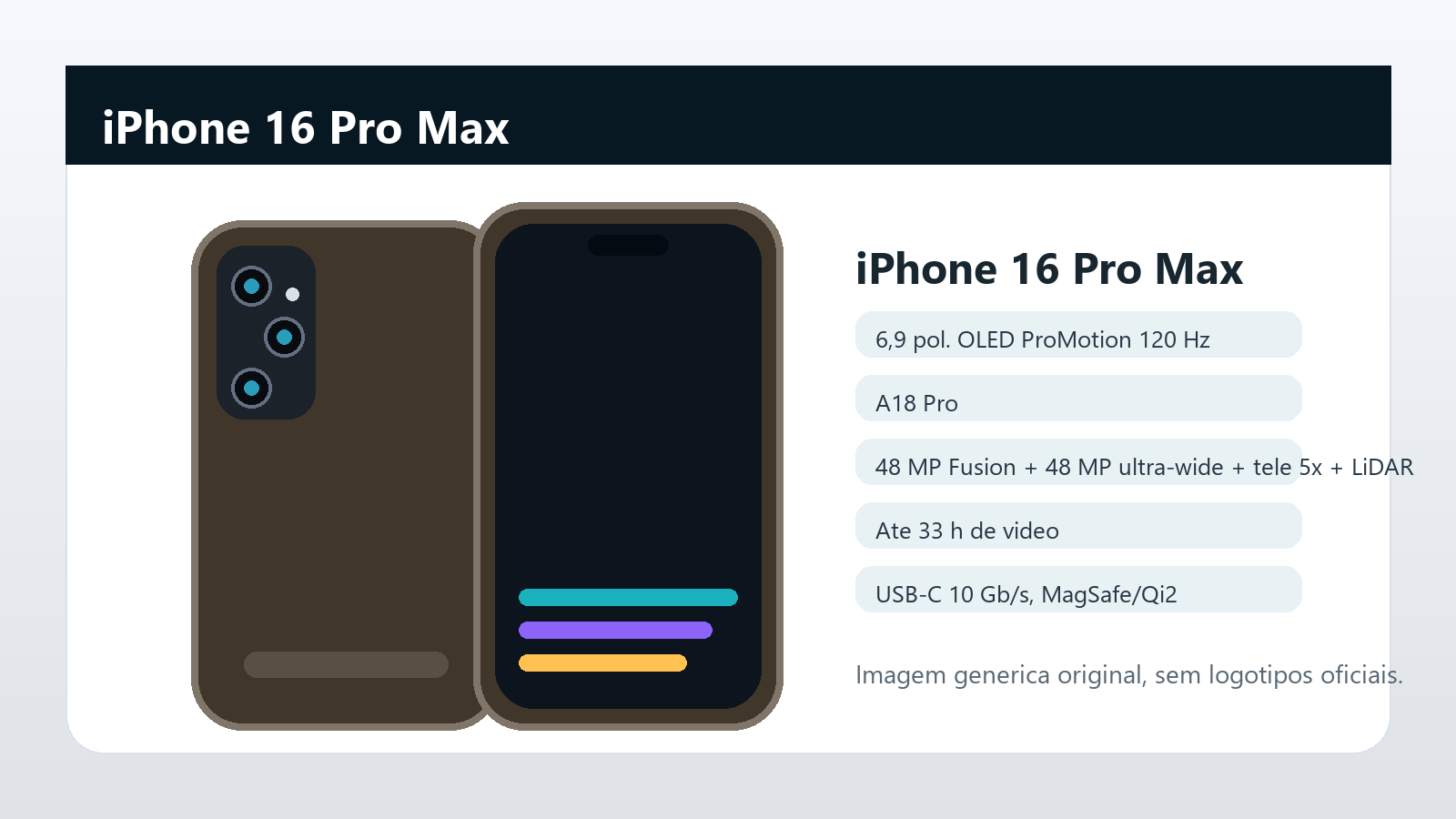 iPhone 16 Pro Max em imagem generica Imagem generica do iPhone 16 Pro Max para comparativo de iPhone