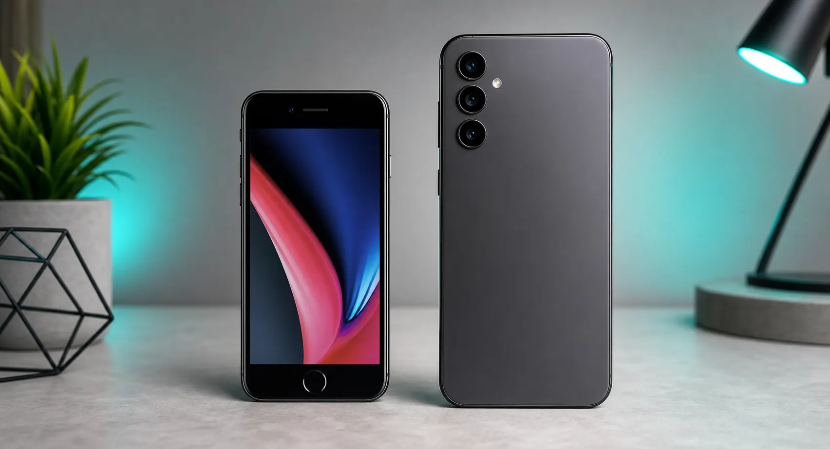 Imagem ilustrativa original comparando um celular compacto estilo iPhone 8 com um Android maior estilo Galaxy A14