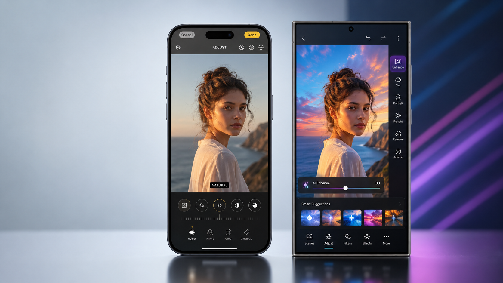 Comparação entre celulares Apple e Samsung usando inteligência artificial para editar fotos