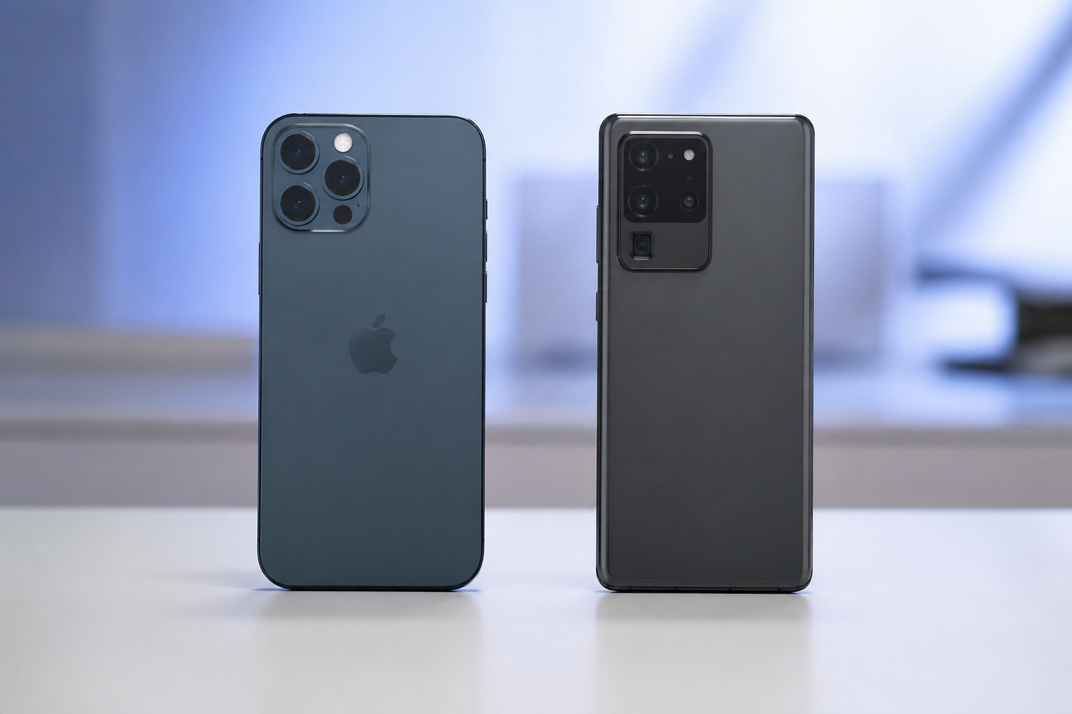 iPhone 12 Pro Max vs Samsung Galaxy S20 Ultra: Batalha dos Gigantes do Smartphone iPhone 12 Pro Max e Samsung Galaxy S20 Ultra lado a lado em comparativo