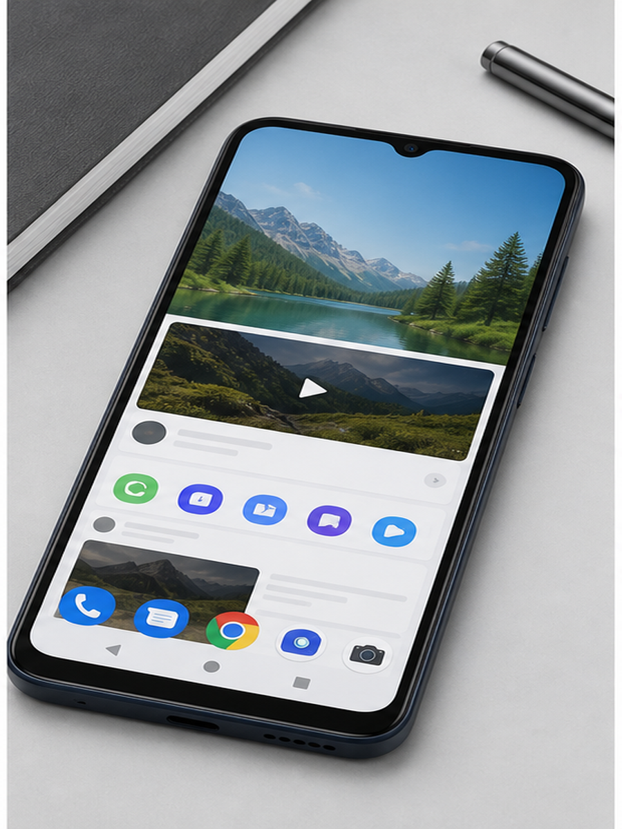 Tela do Moto G04s com interface de apps e videos destacando celular barato com 90 Hz