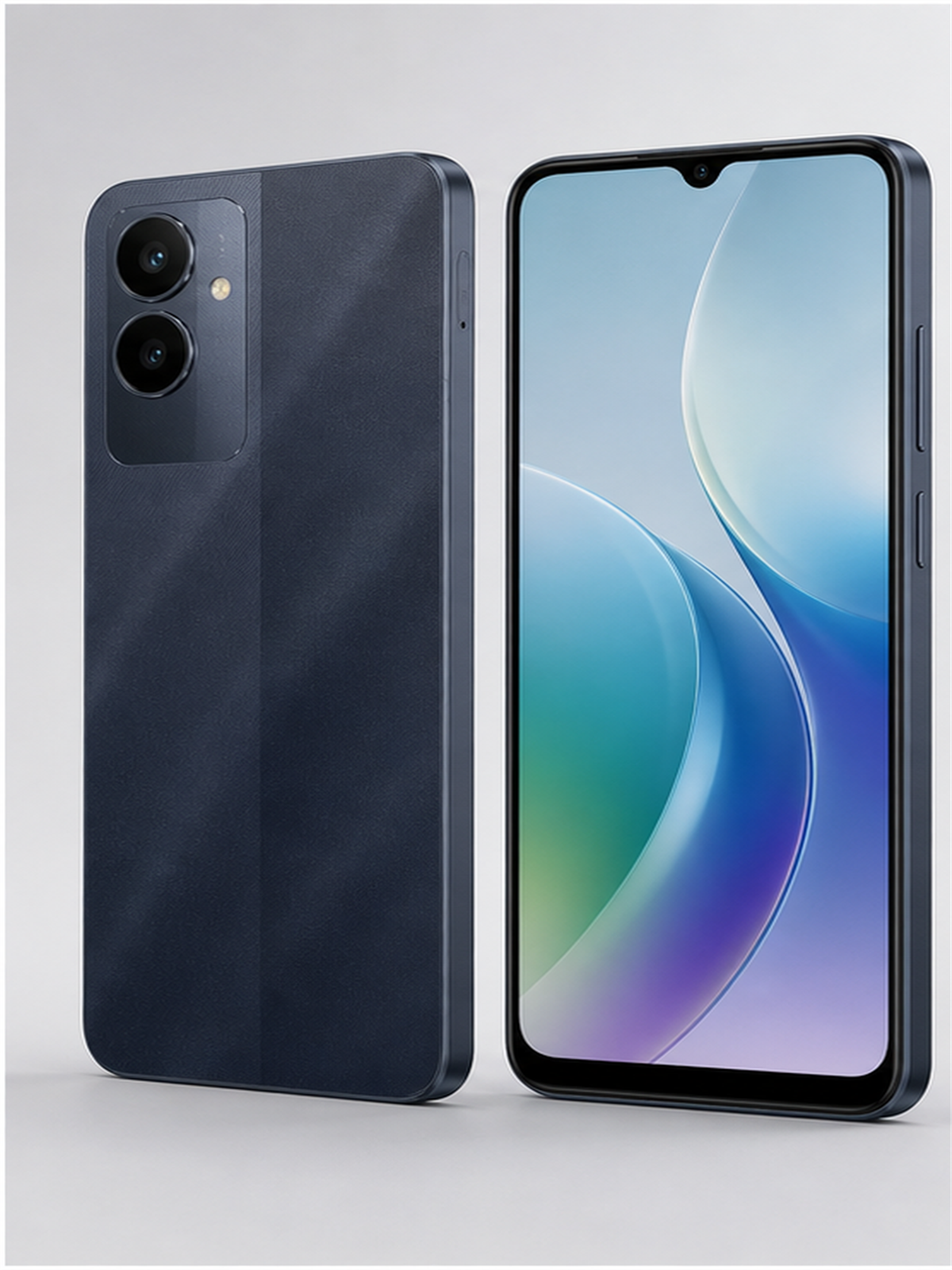 Realme Note 60 sem logo em vista frontal e traseira para guia de celular ate R$ 800