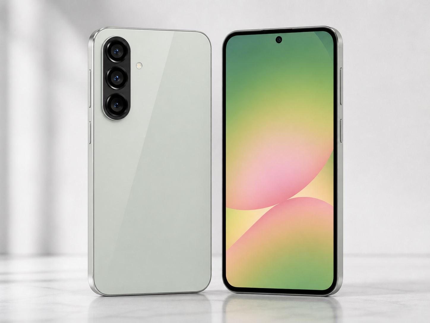 Imagem realista sem logo do Galaxy A56 com camera tripla, tela 120 Hz, NFC e IP67